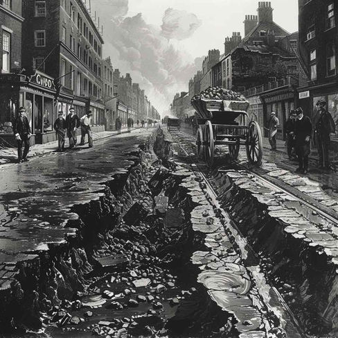 Black and white painting of a street with a hole, showcasing mastic asphalt.