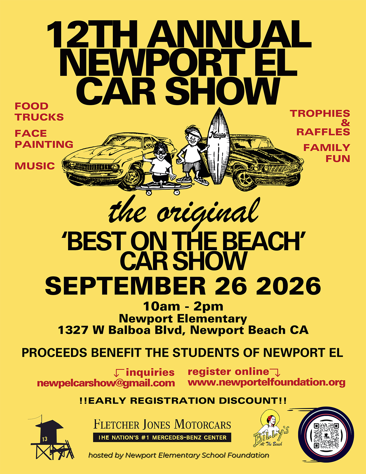 Official flyer for the 12th Annual Newport El Best on the Beach Car Show held September 26, 2026