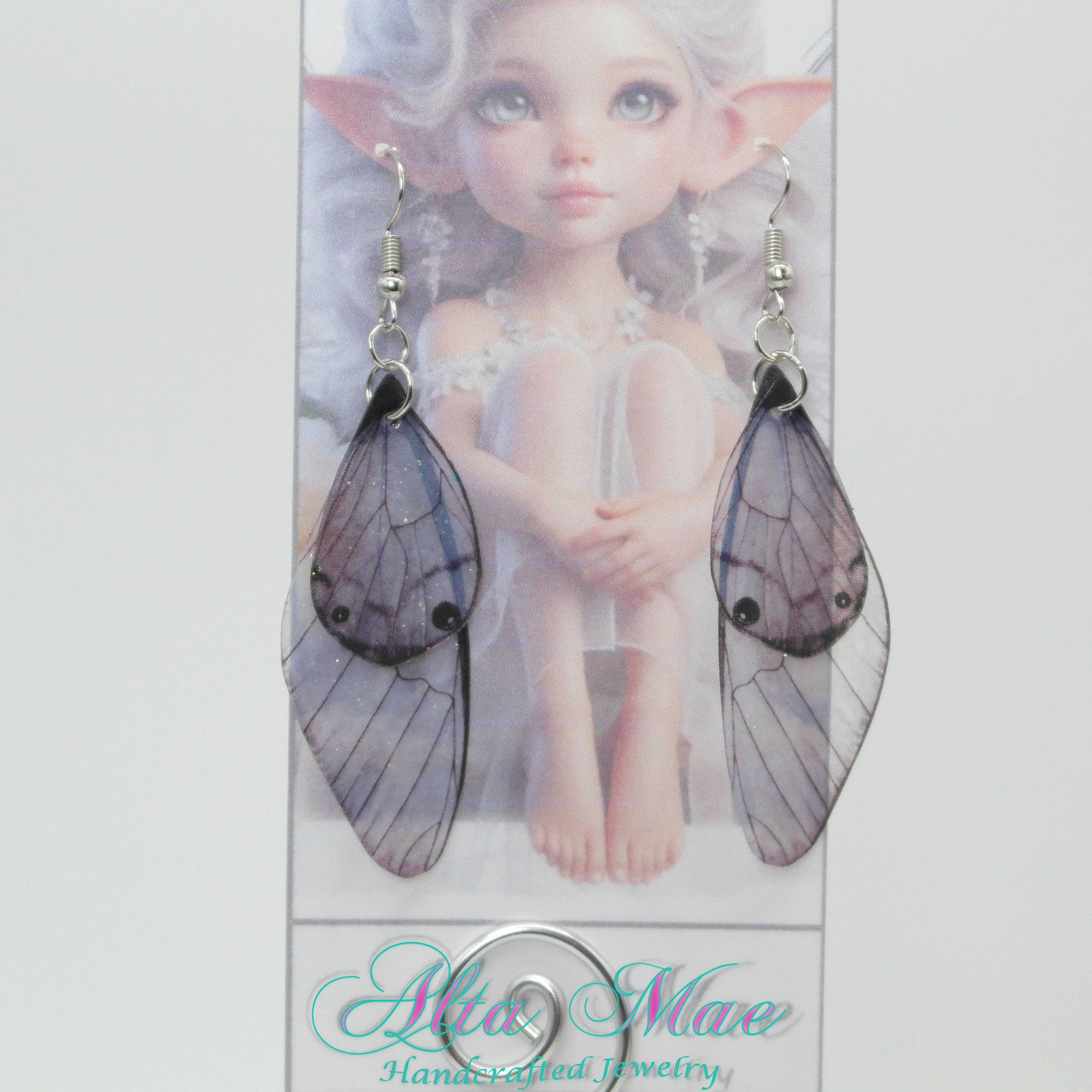 Dark Silver Shimmer Fairy Wing Earrings