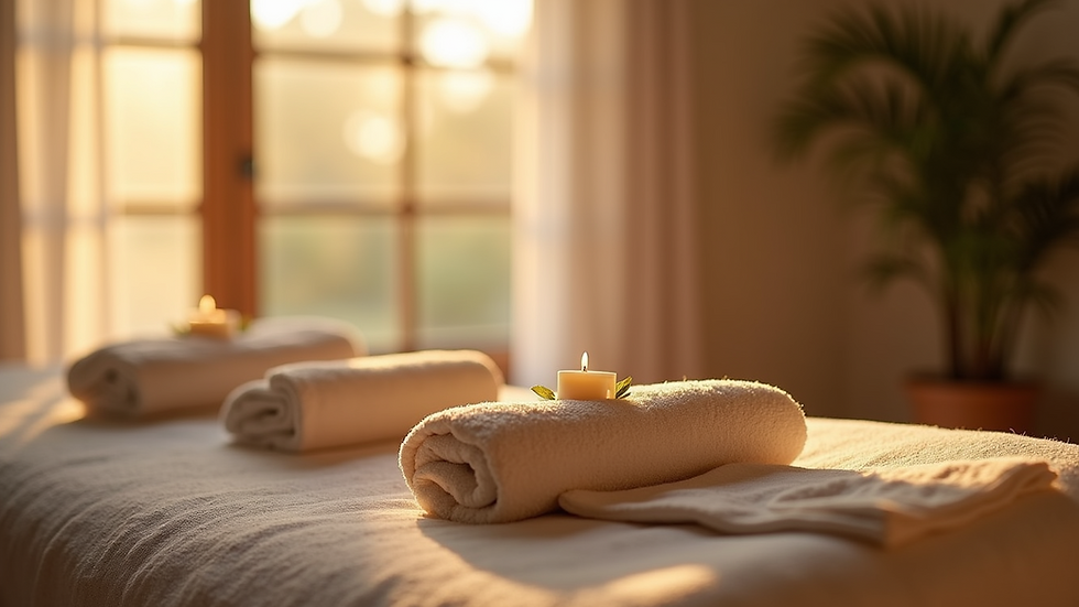 Close-up view of a tranquil massage setting with soft lighting