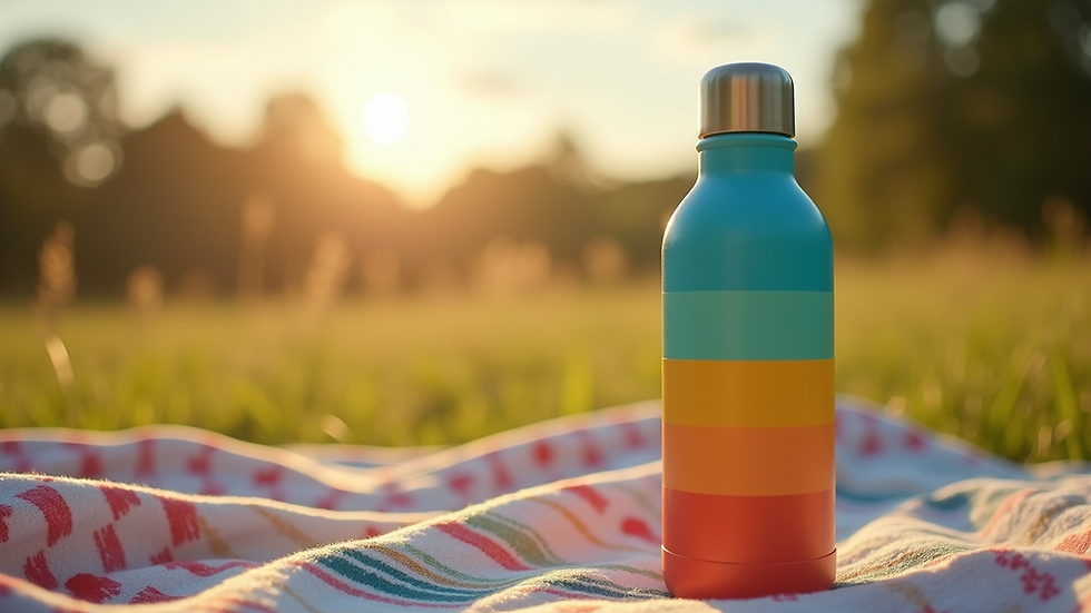 Eye-level view of a colourful insulated water bottle on a picnic blanket