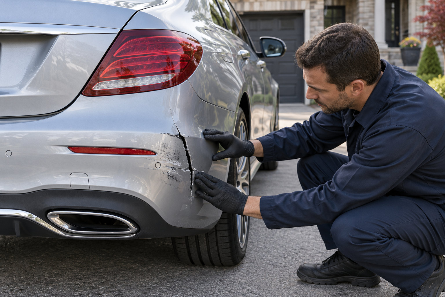 Technician inspecting a cracked silver car bumper