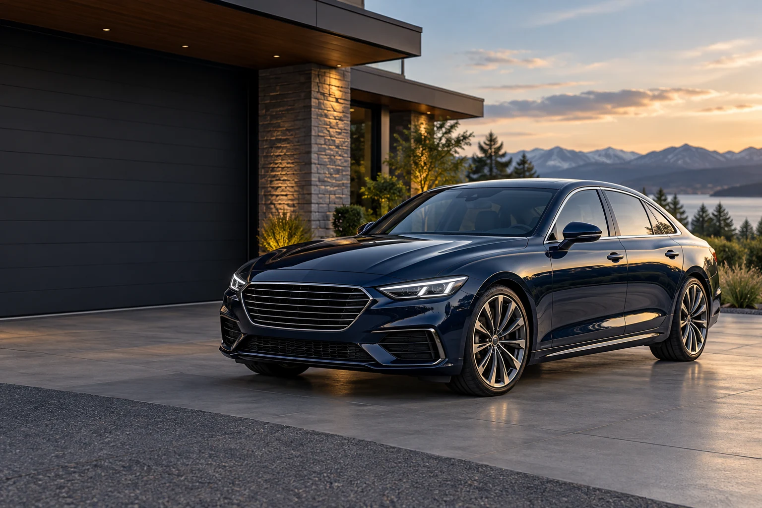 Dark navy luxury sedan outside a modern home — AI-generated illustration