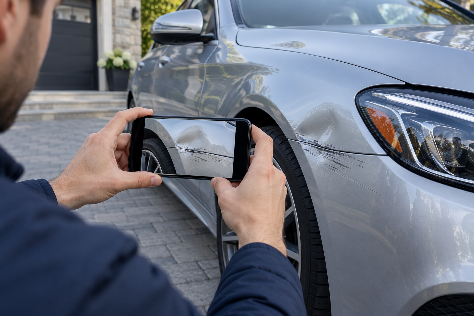 Customer photographing vehicle damage with a smartphone for a quote