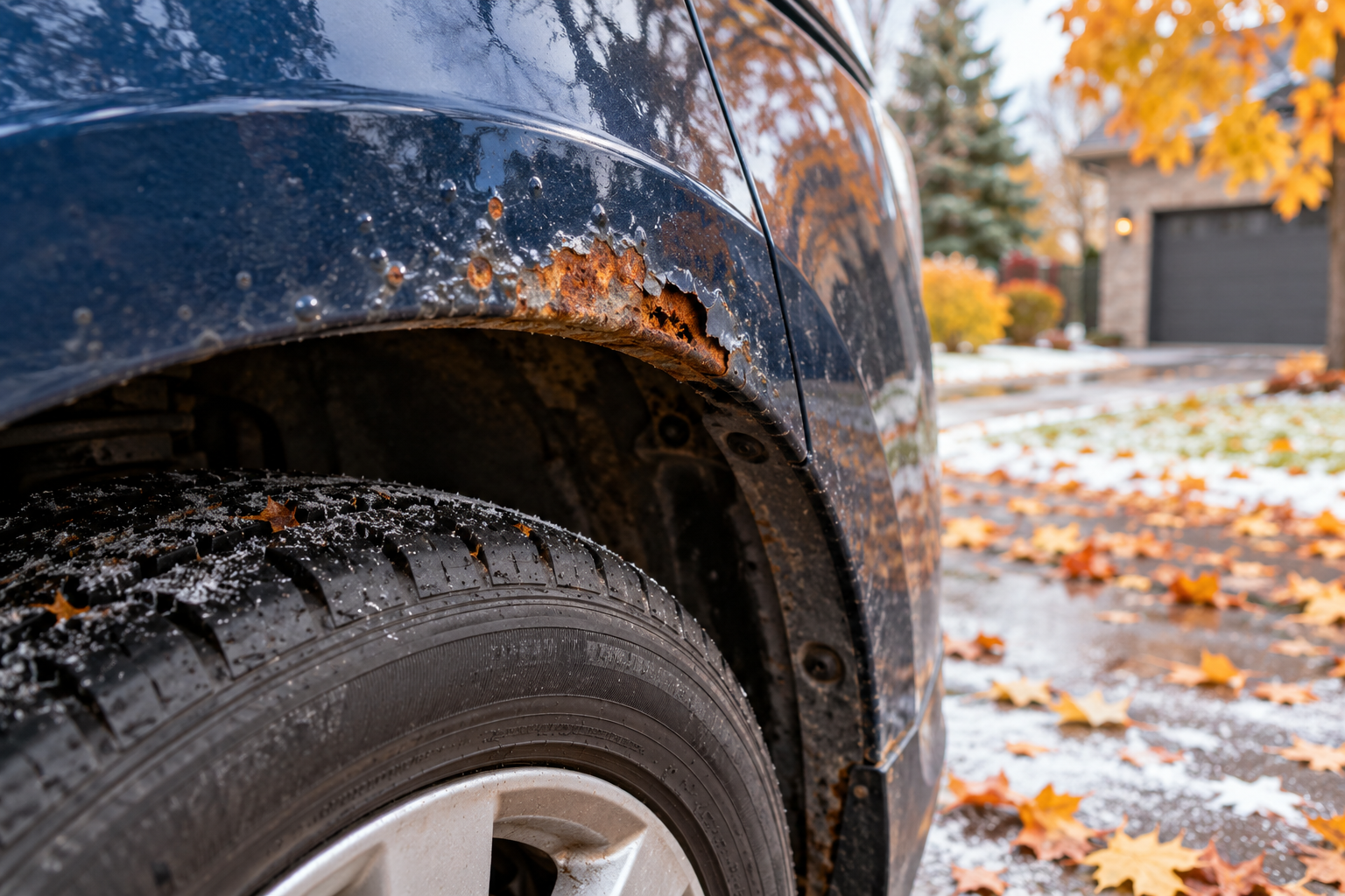 Rust bubbles and corrosion on a vehicle wheel arch before winter