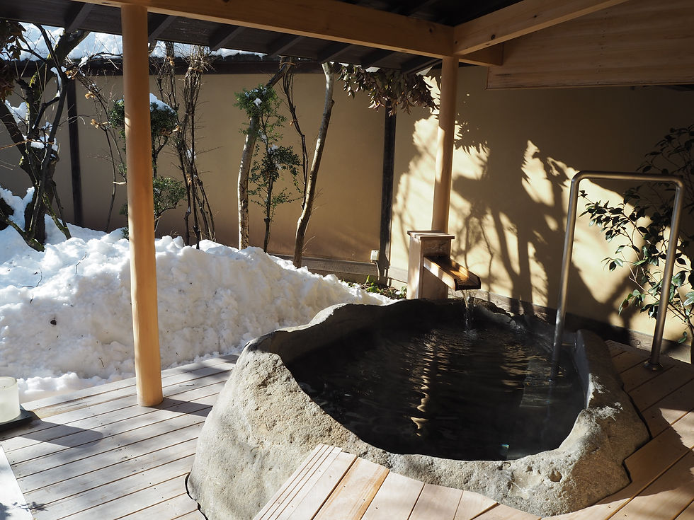 A private onsen surrounded by nature during the winter months. Tendo So Ryokan in Yamagata, Tricolage