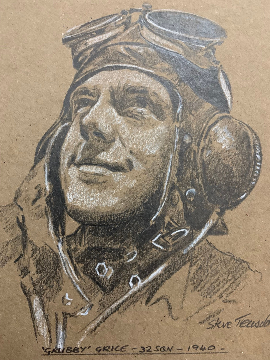 Original Sepia Portrait Drawing of Grubby Grice 32 Sqn B.O.B Signed