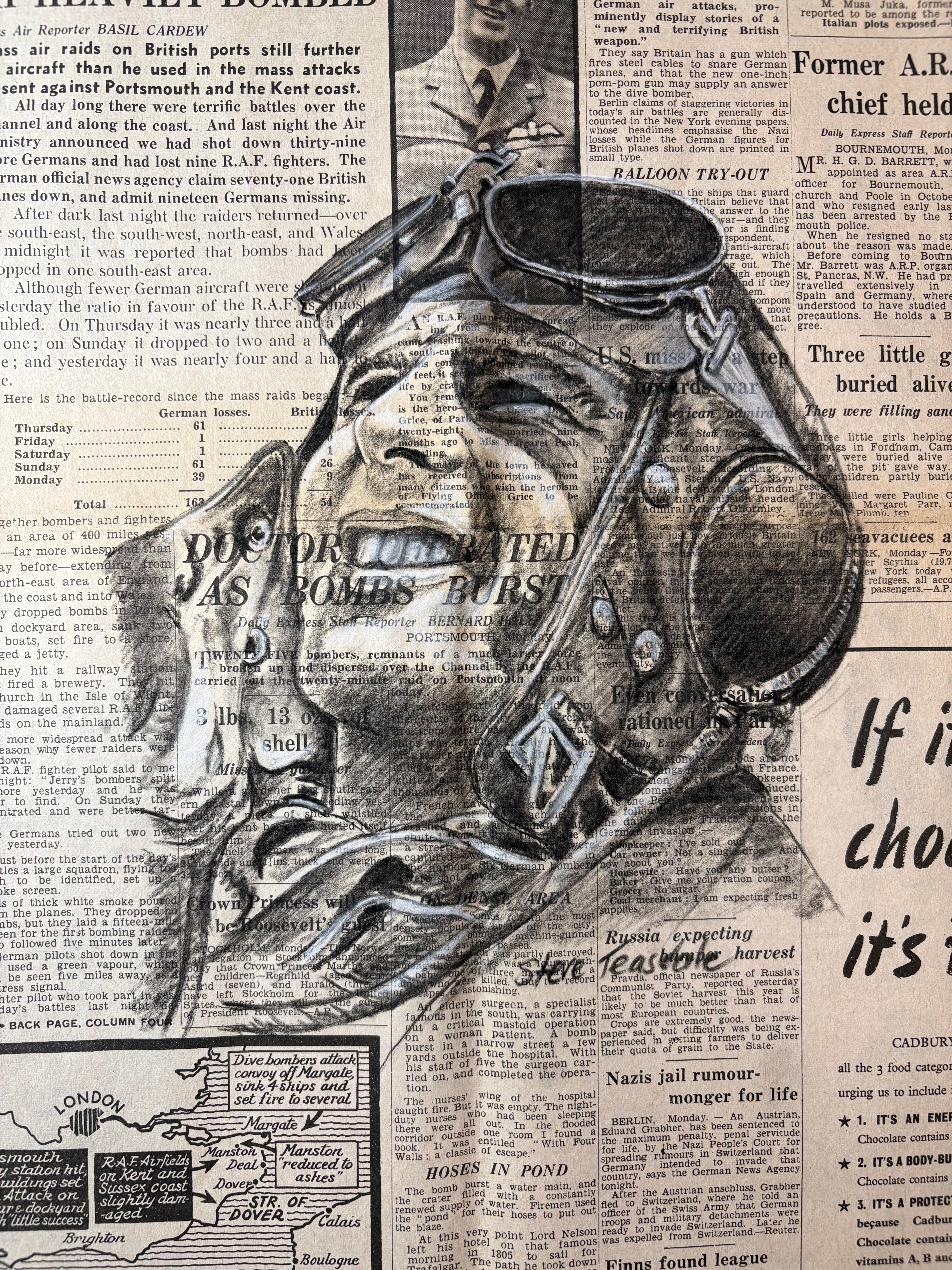 August 1940 Dated Full Daily Express Newspaper With Original Charcoal Drawing