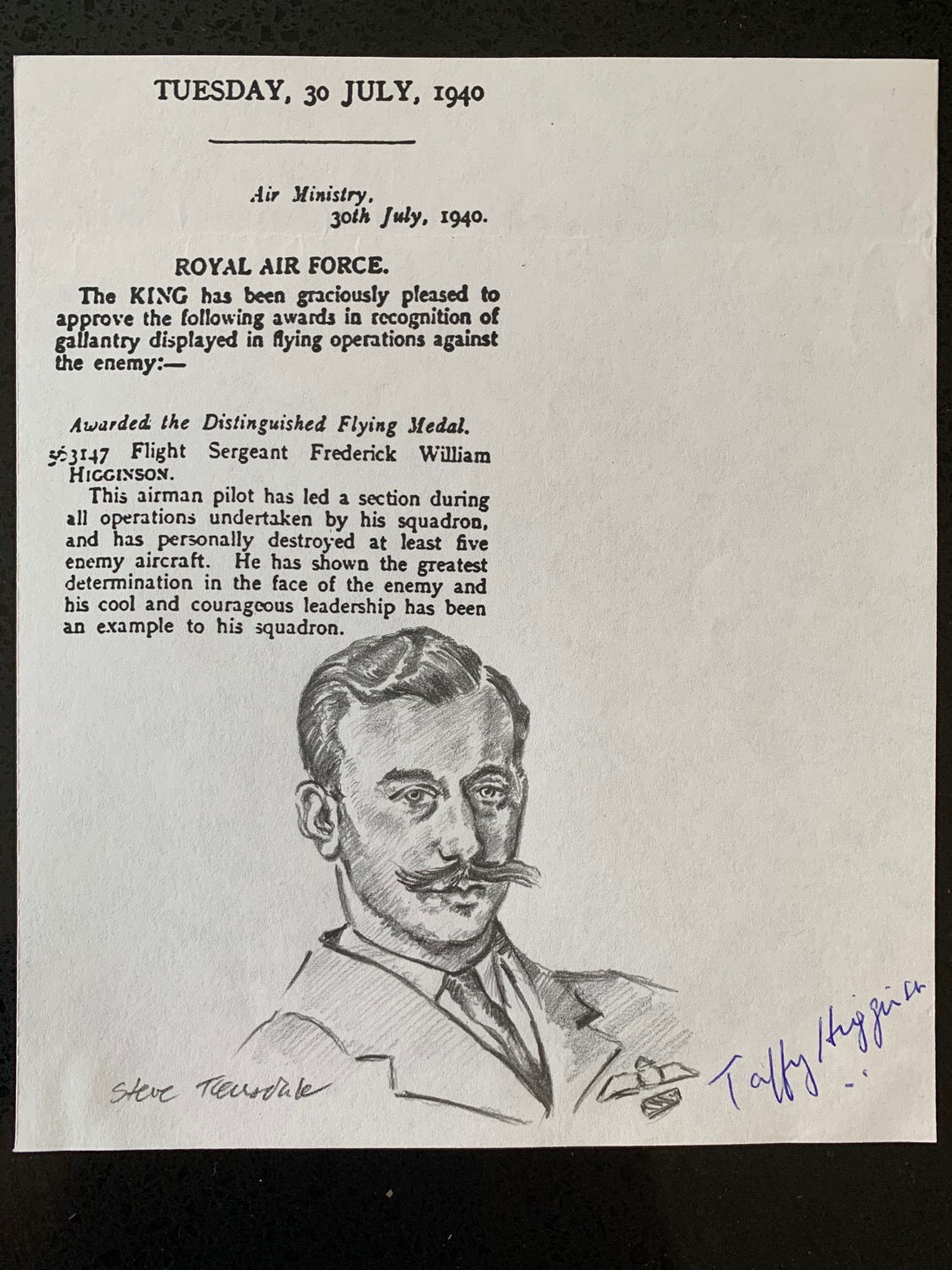 Battle of Britain Ace Citation Taffy Higginson Remarqued & Signed Bookplate