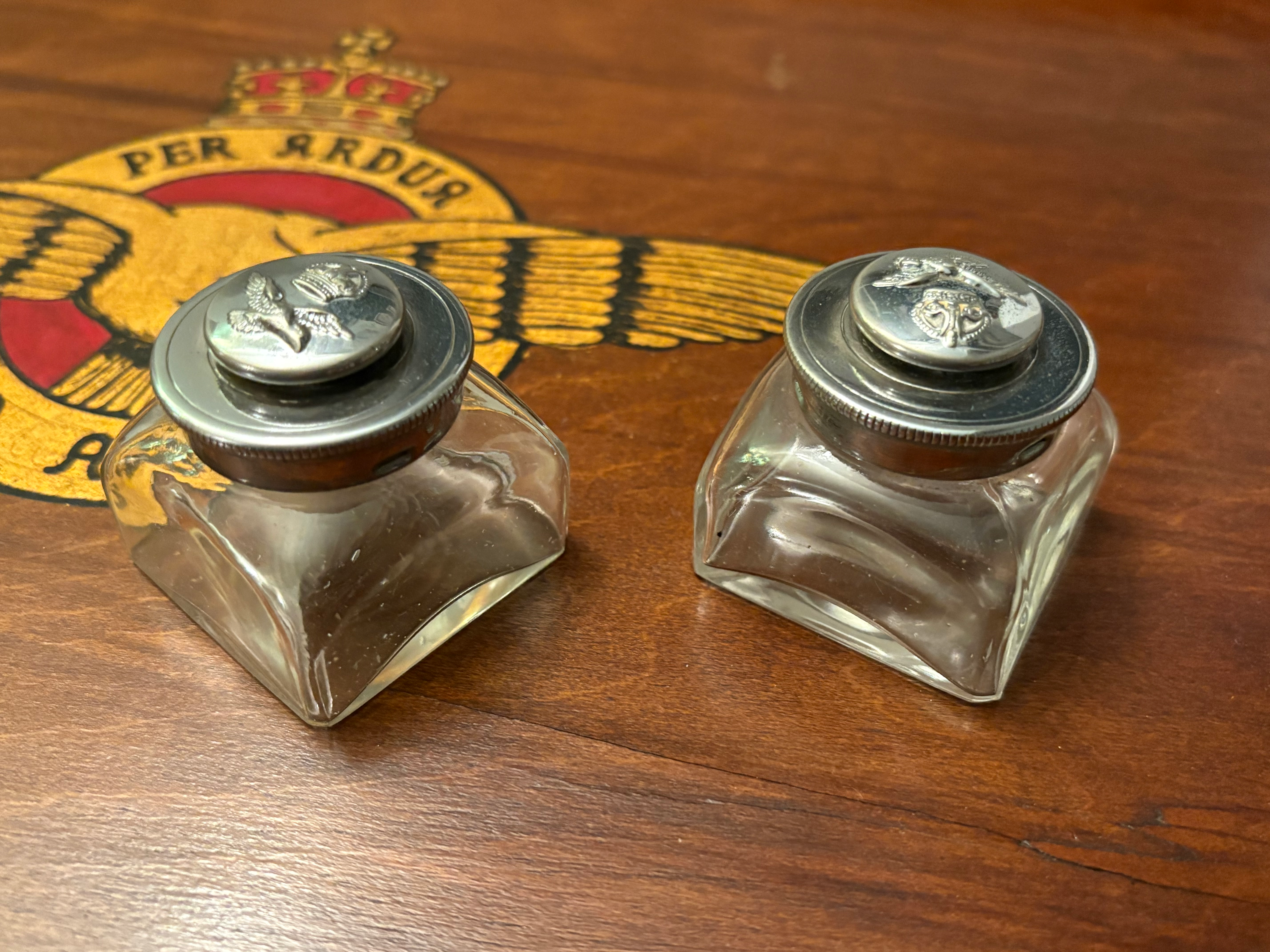 Pair of WW2 Matching Royal Air Force Kings Crown Inkwells