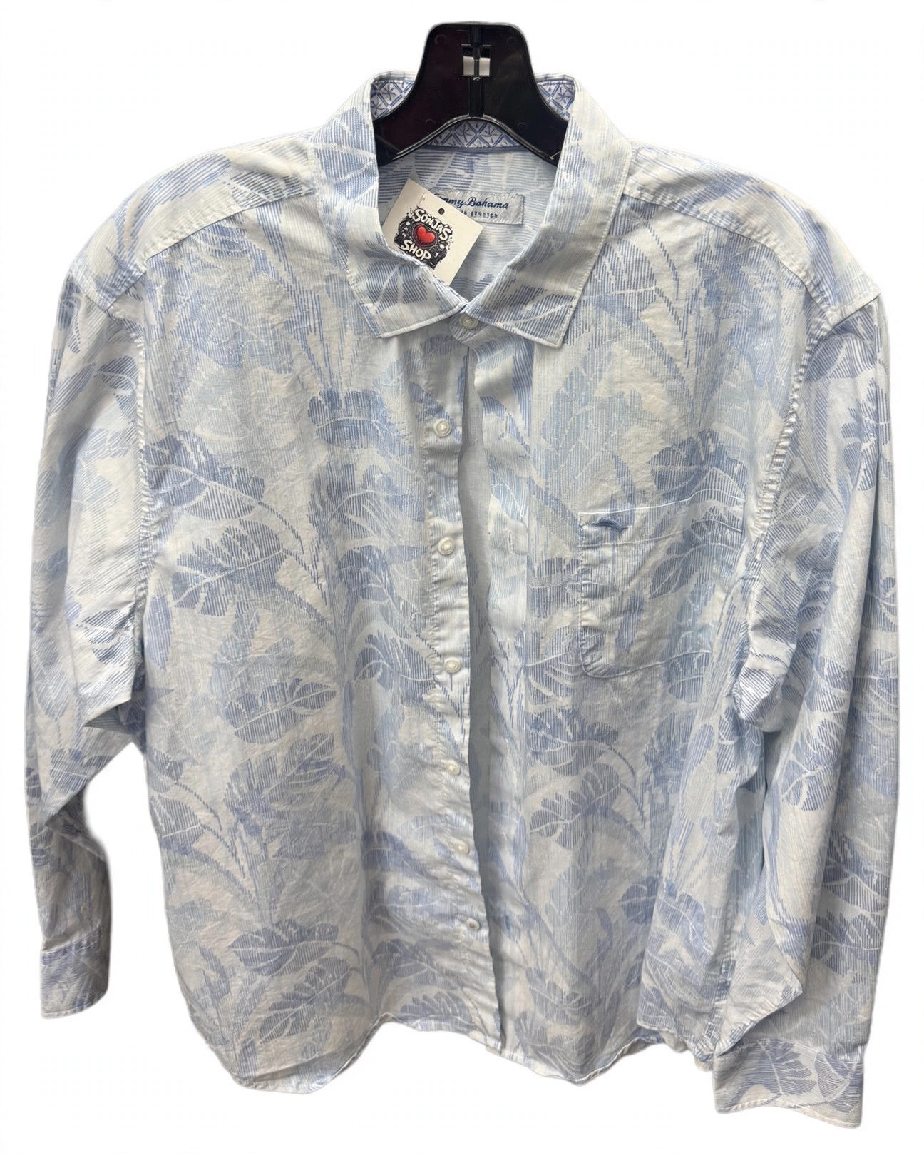Tommy Bahama Sarasota Stretch Shirt Light Blue Palm Print Long Sleeve Size L