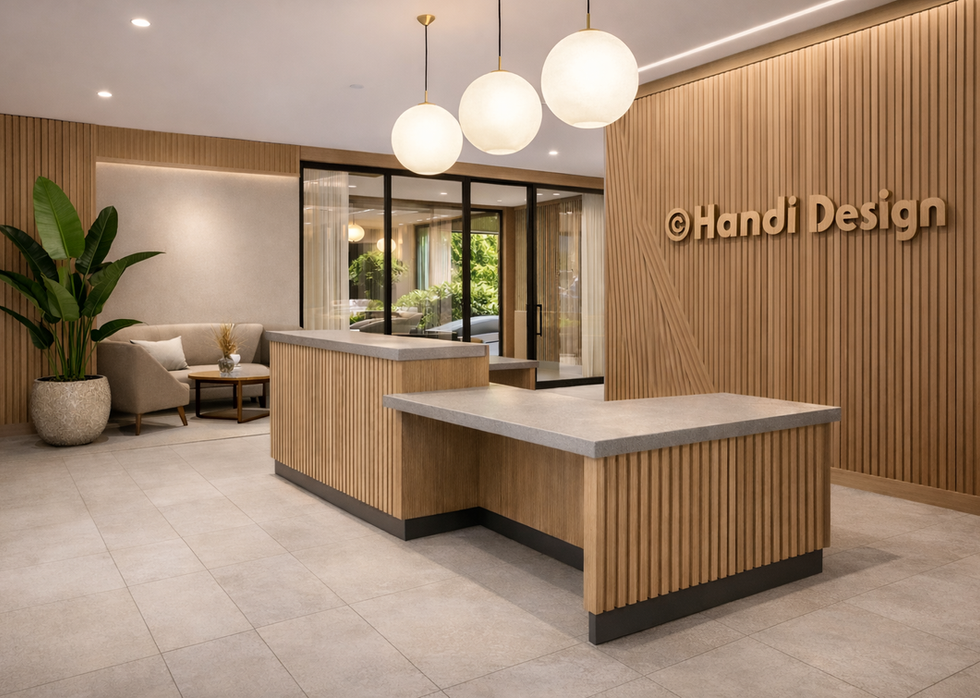 Banque d'accueil PMR moderne signée Handi Design, avec mur en bois sculpté et plafond acoustique design. « Le reflet de votre entreprise » : un espace inclusif alliant ergonomie, finitions de luxe et accessibilité universelle.
