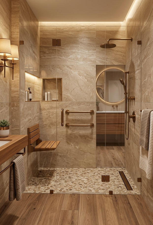 Salle de bains sur mesure adaptée PMR et Senior avec douche accessible en fauteuil roulant et finitions haut de gamme | Handi Design Fabricant