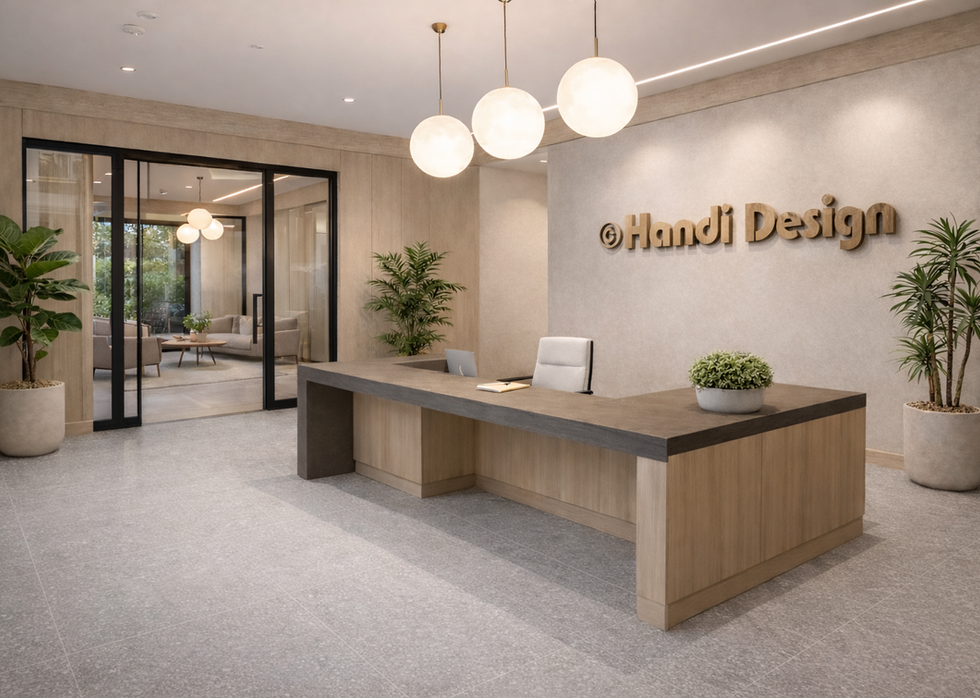 Banque d'accueil PMR moderne signée Handi Design, avec mur en bois sculpté et plafond acoustique design. « Le reflet de votre entreprise » : un espace inclusif alliant ergonomie, finitions de luxe et accessibilité universelle.