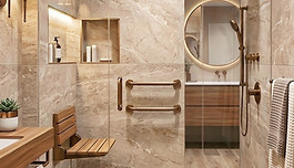 Salle de bain PMR adaptée avec douche à l'italienne et mobilier ergonomique robuste, design moderne et sécurisé pour seniors.