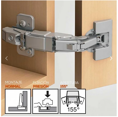 "Charnière technique à large ouverture 155 degrés pour porte de placard de cuisine PMR, facilitant l'accès total au contenu sans obstacle."