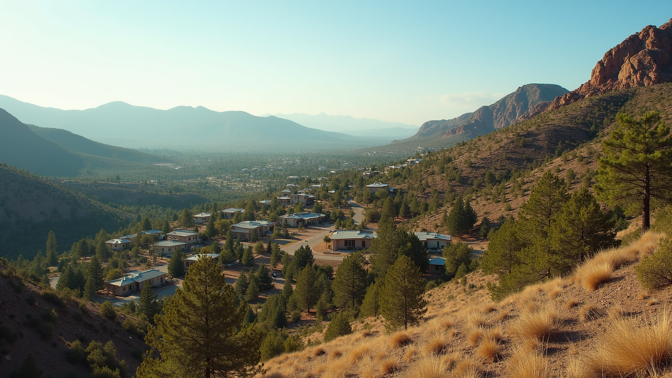 Wide angle view of a mountain neighborhood with homes and pine trees in Arizona