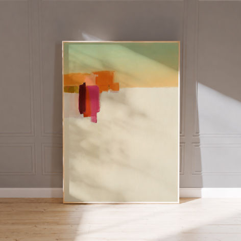 Morning Light 2 – ingelijste Art-Print van Euro-Art Herentals, België, met een lichtgroene achtergrond en abstracte kleurvlakken in oranje, terracotta, bordeauxrood en roze.