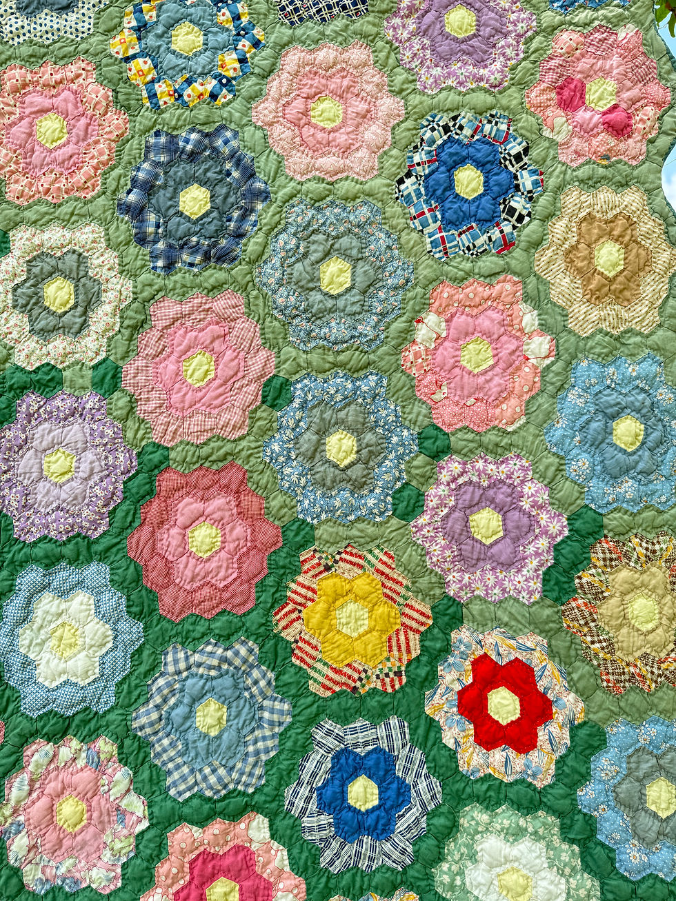 Thumbnail: Antique Grandmothers Flower Garden Quilt/Hand sewn and quilted