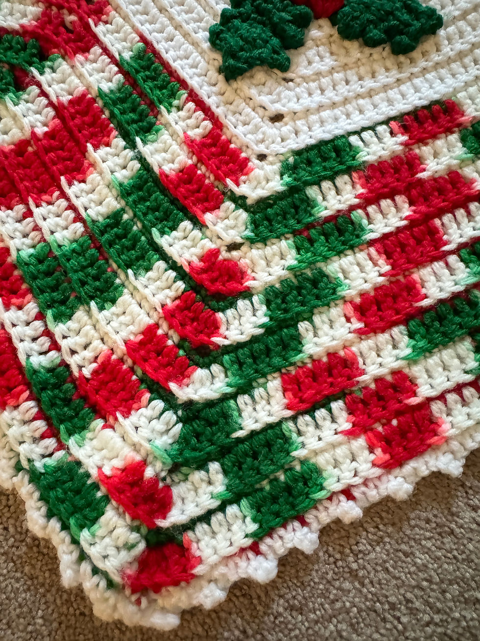 Thumbnail: Vintage Hand Crocheted Holly Leaf Christmas Tree Skirt Traditional Red, White, G