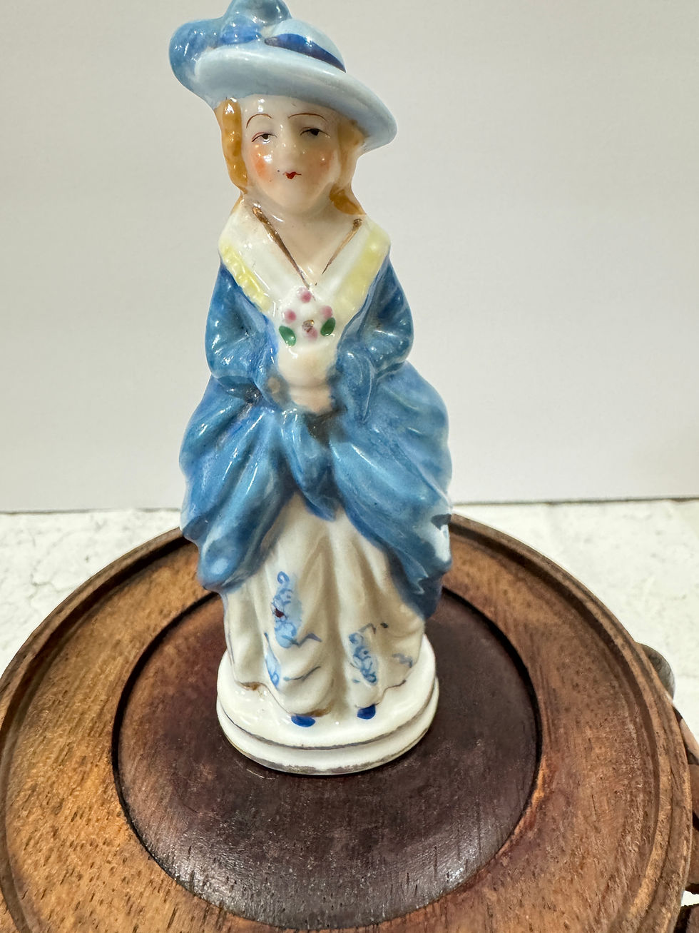 Thumbnail: Occupied Japan Porcelain Figurine Antique Colonial Lady Blue Bonnet Fashion