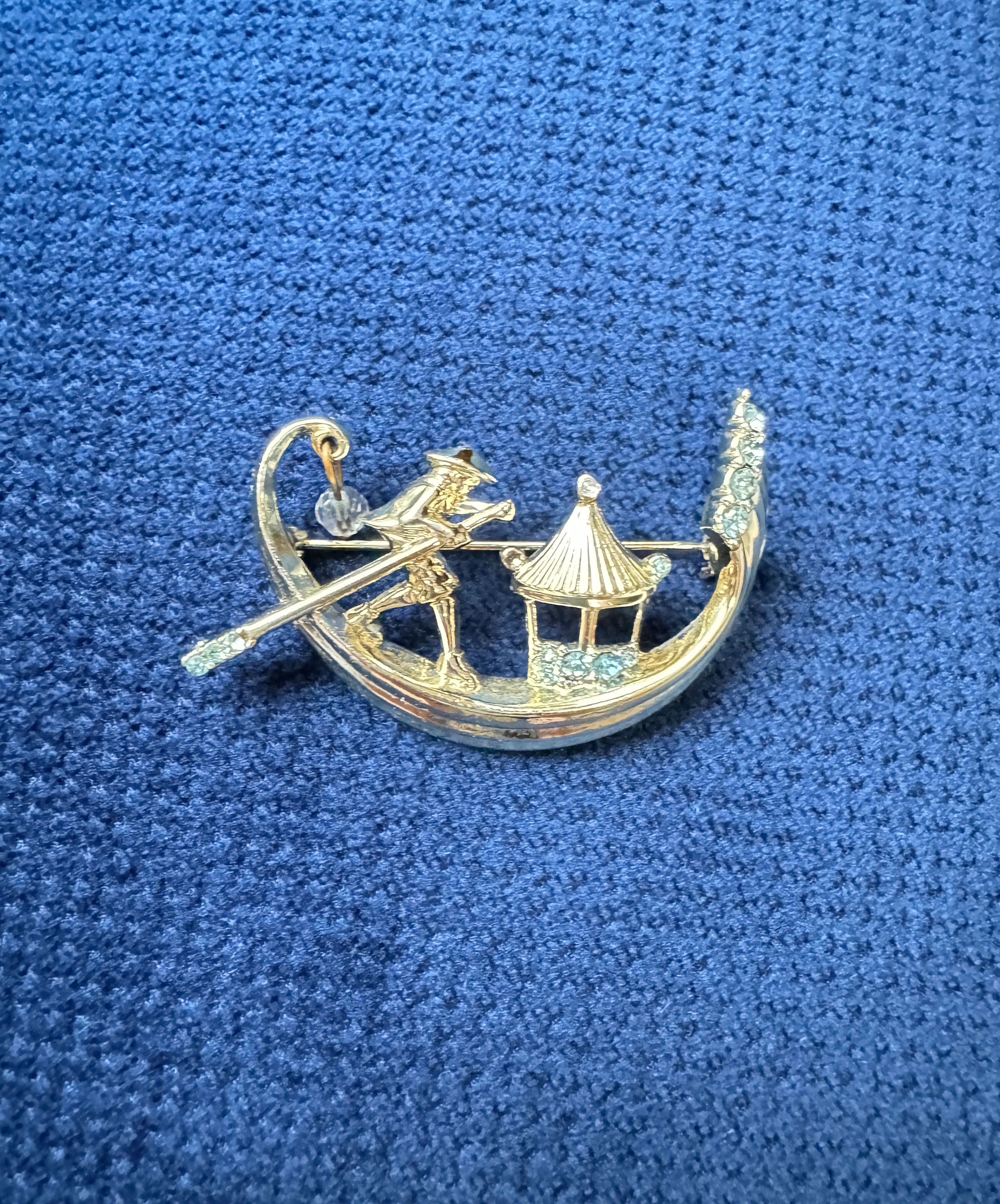 Vintage Venetian Boat Brooch with Blue Rhinestones Gondola Pin