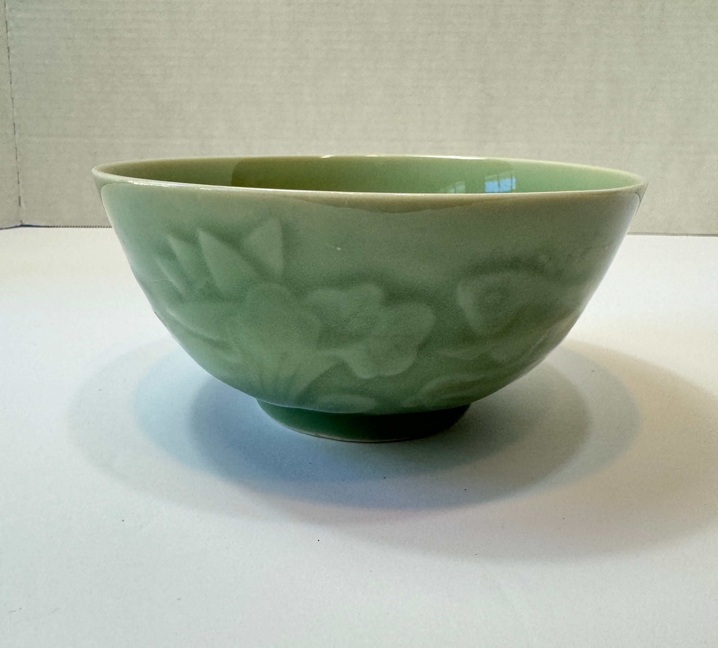 Vintage Chinese Export Monochrome Celadon Porcelain Koi Fish Design Rice Bowl