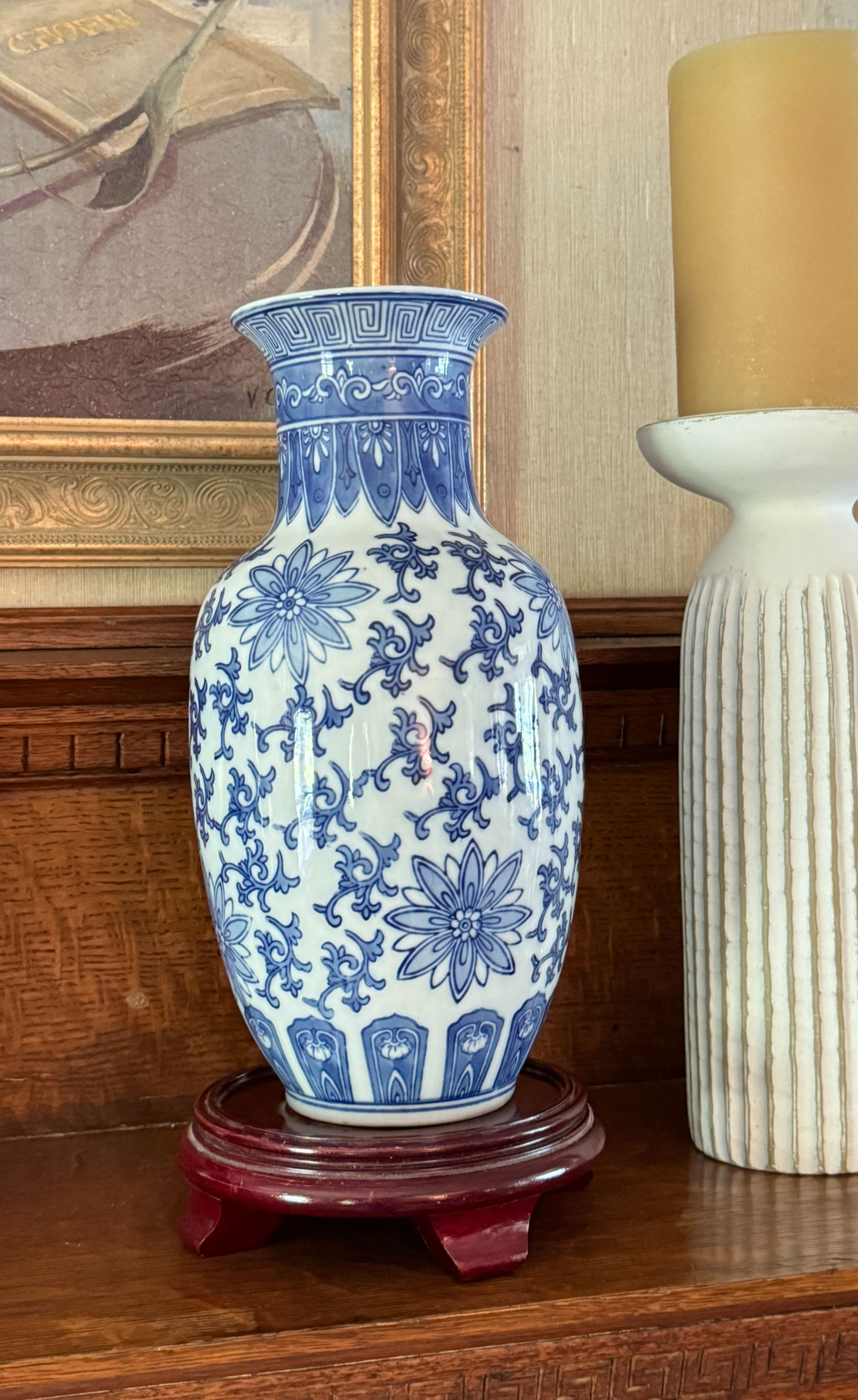 12" Vintage Blue and White Chinoiserie Floral Vase