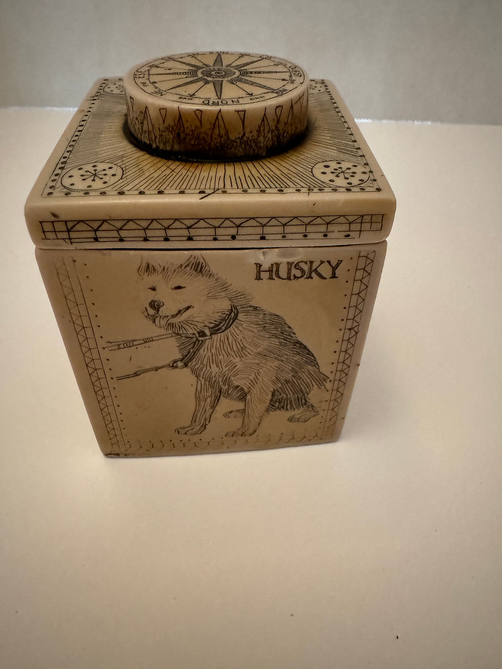 Thumbnail: Faux Scrimshaw Lidded Box Nautical Compass Husky Walrus Polar Bear Sheep