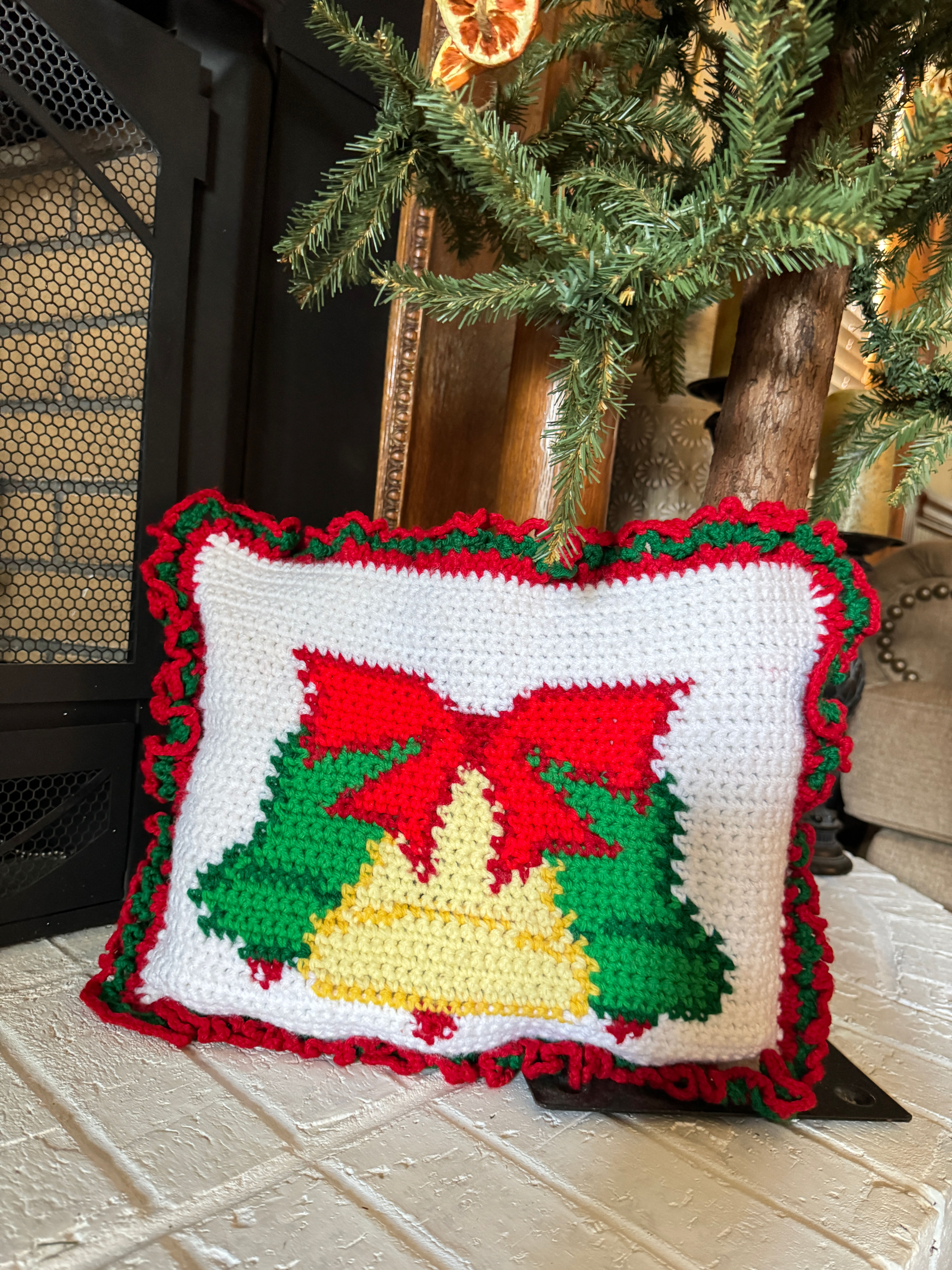 Hand Crocheted Christmas Bells and Bow Pillow Cover Vintage Xmas Cushion Cover