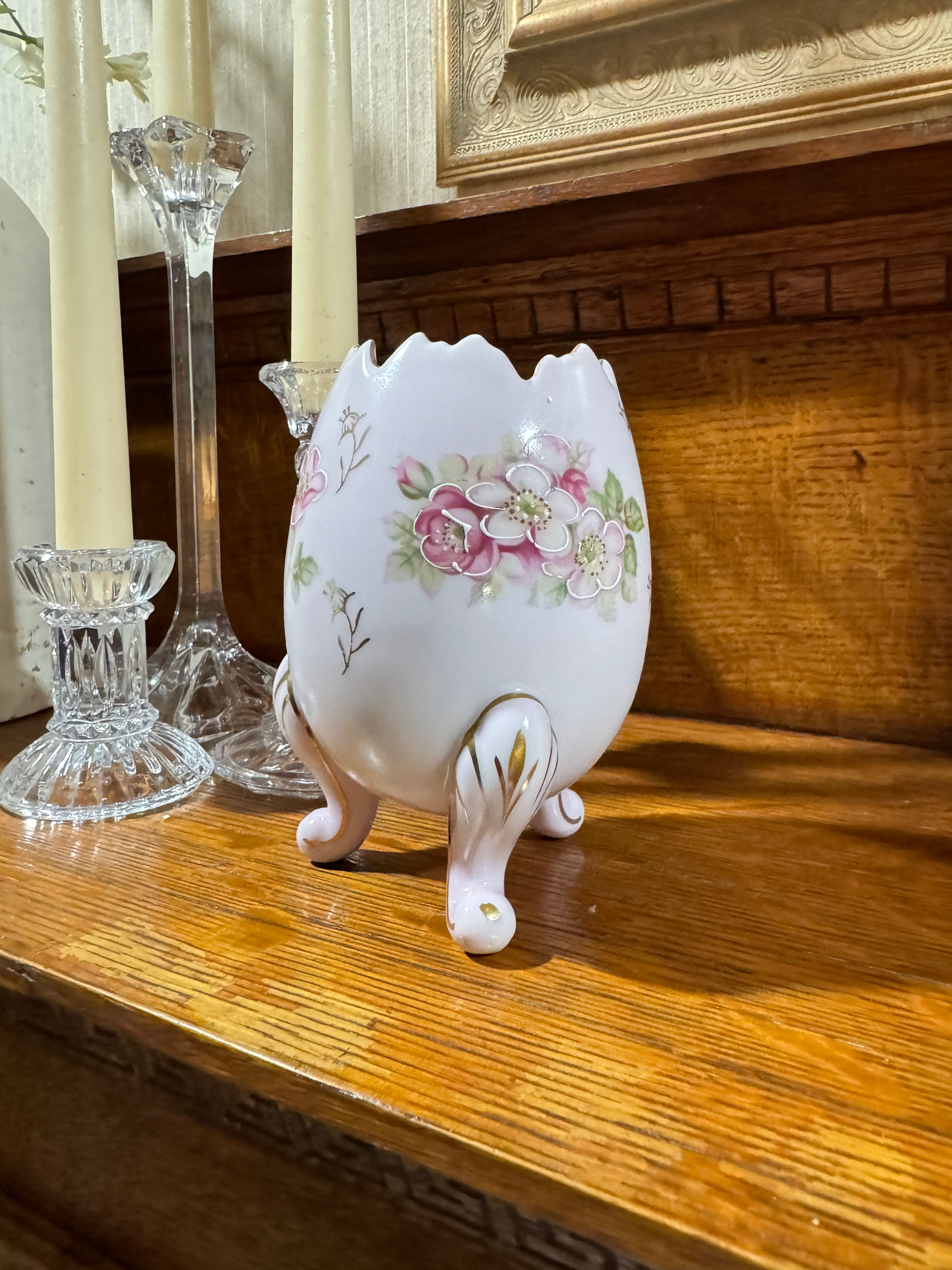 Vintage Pastel Pink Footed "Cracked" Egg/Floral Print/1962/Inarco