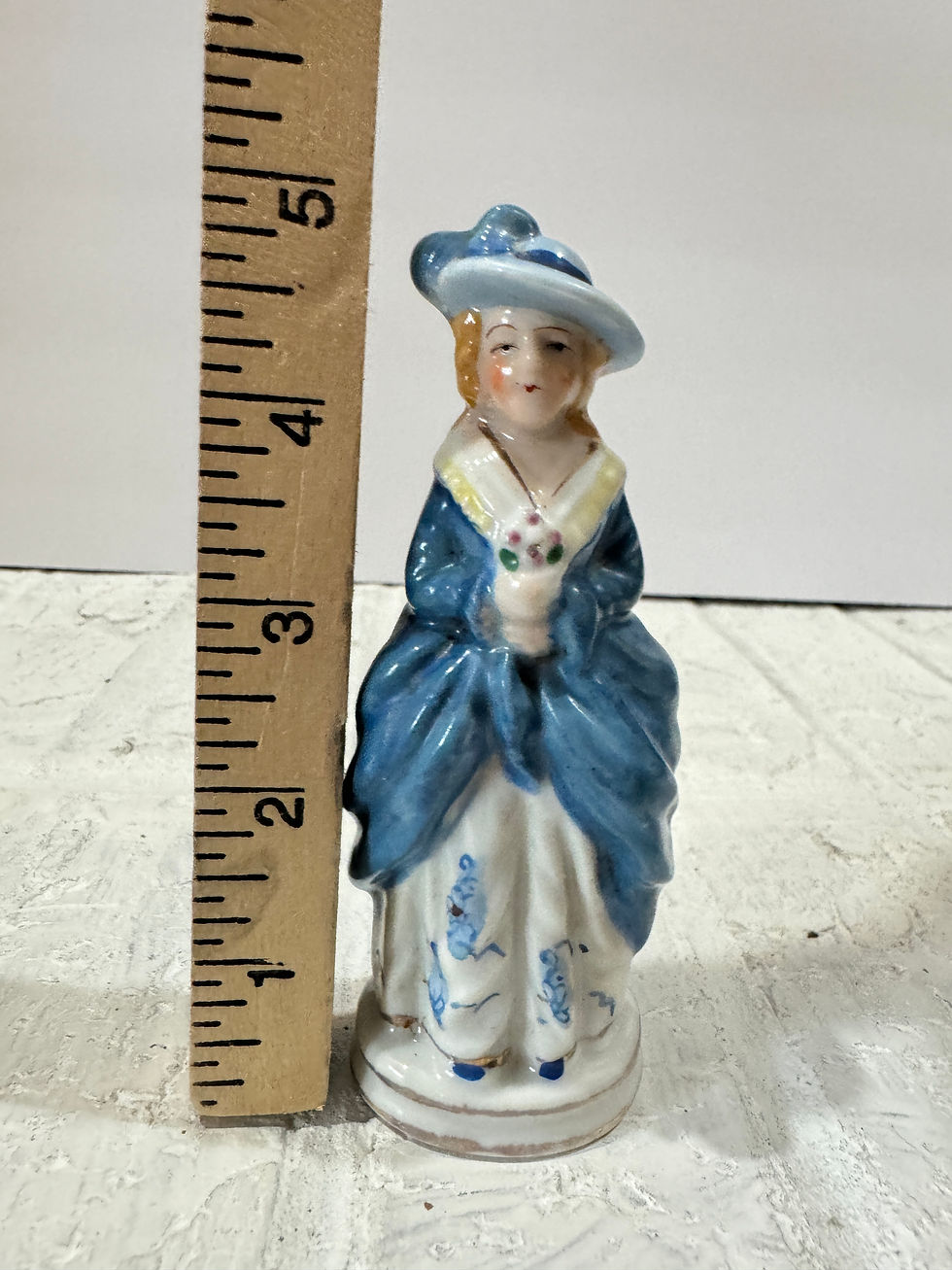 Thumbnail: Occupied Japan Porcelain Figurine Antique Colonial Lady Blue Bonnet Fashion