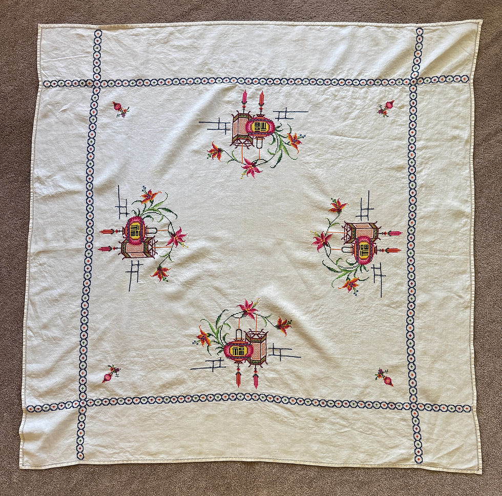 Thumbnail: Vintage Hand-Embroidered Linen Tablecloth Cross-Stitch with Asian Motif