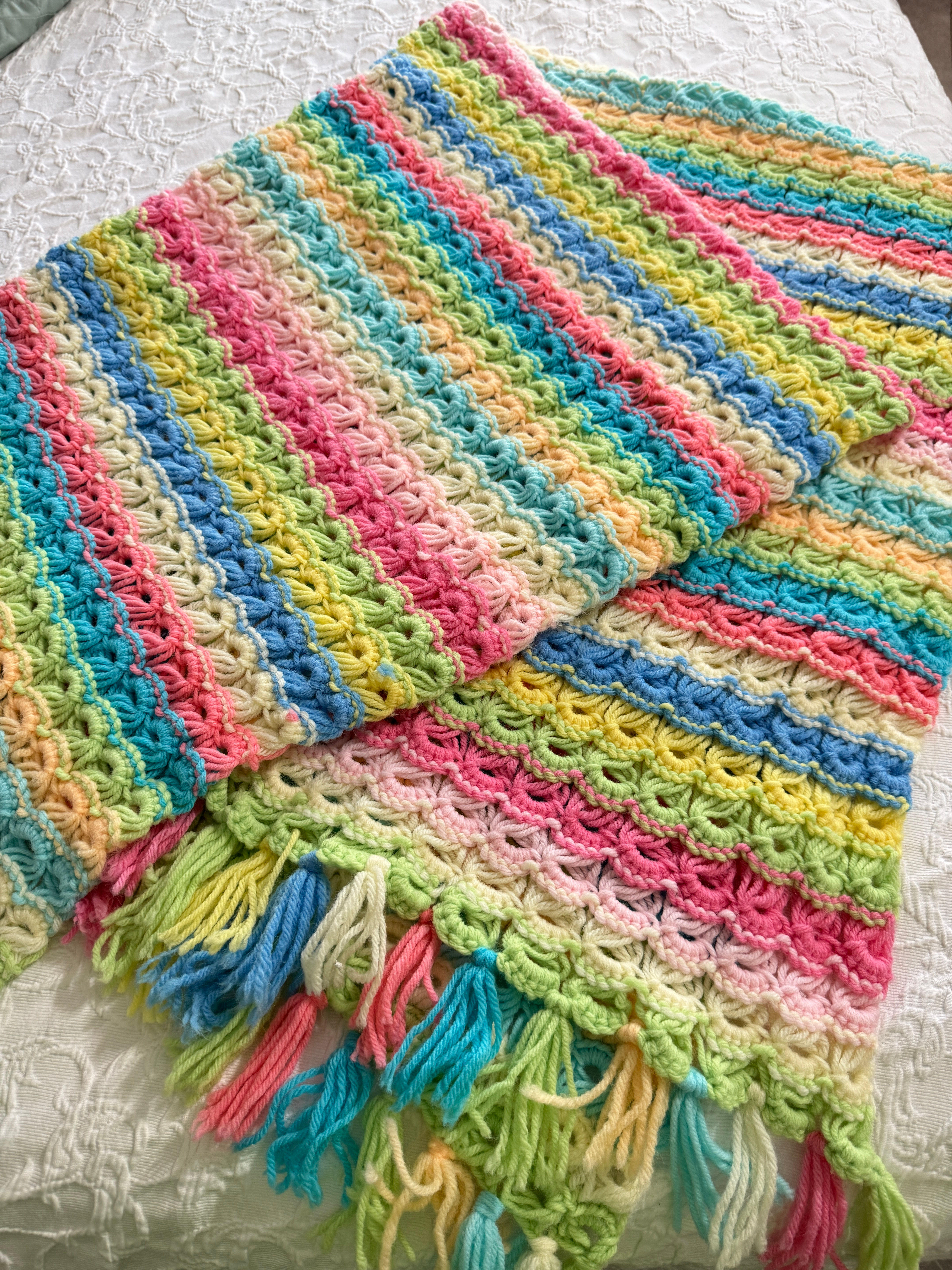 Hand Crocheted Pastel Striped Afghan Blue Green Yellow Peach Pink White 66"x55”