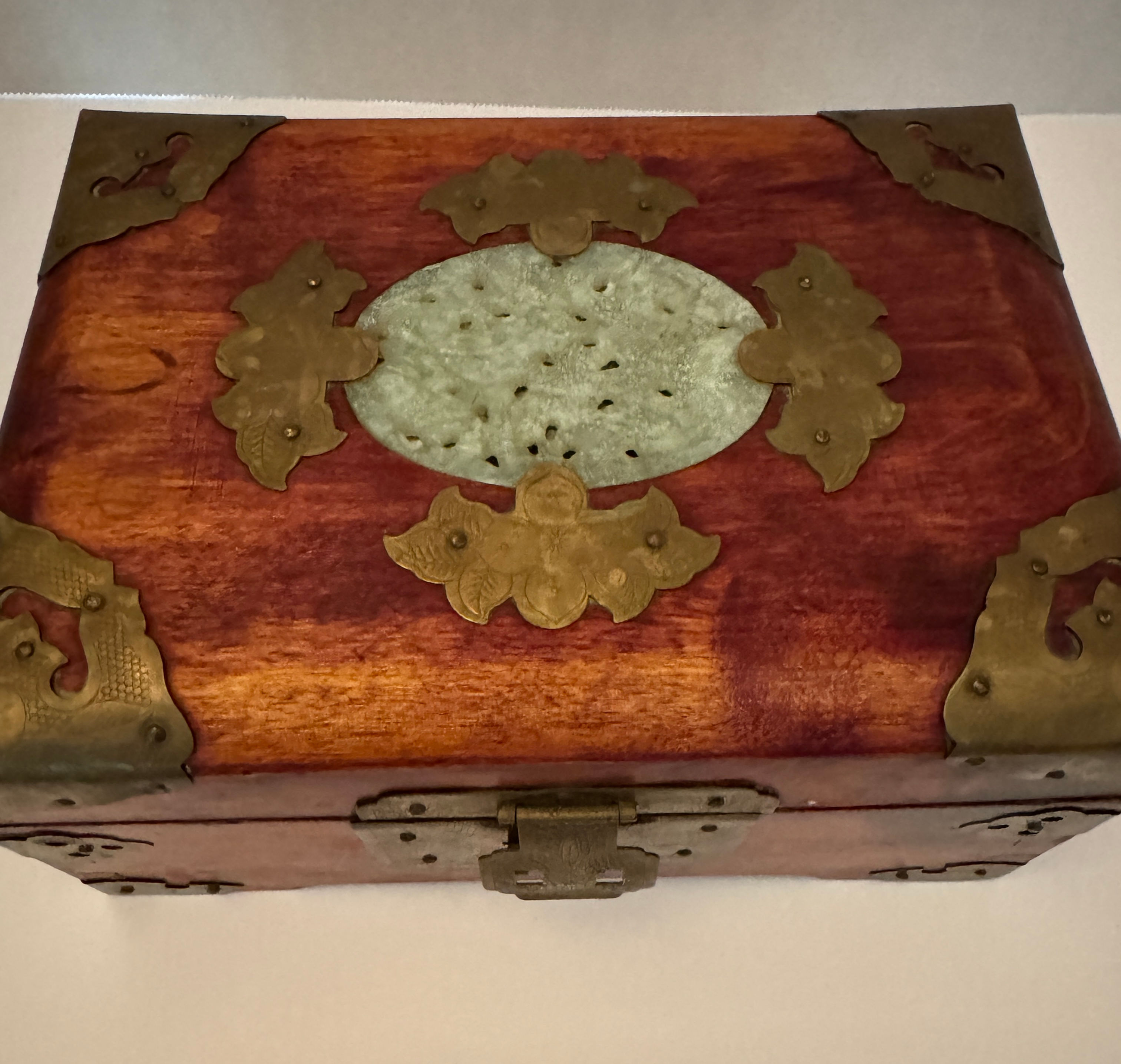 Vtg. Chinese Jewelry Box Brass Mahogany and Jade with Red Satin Lining
