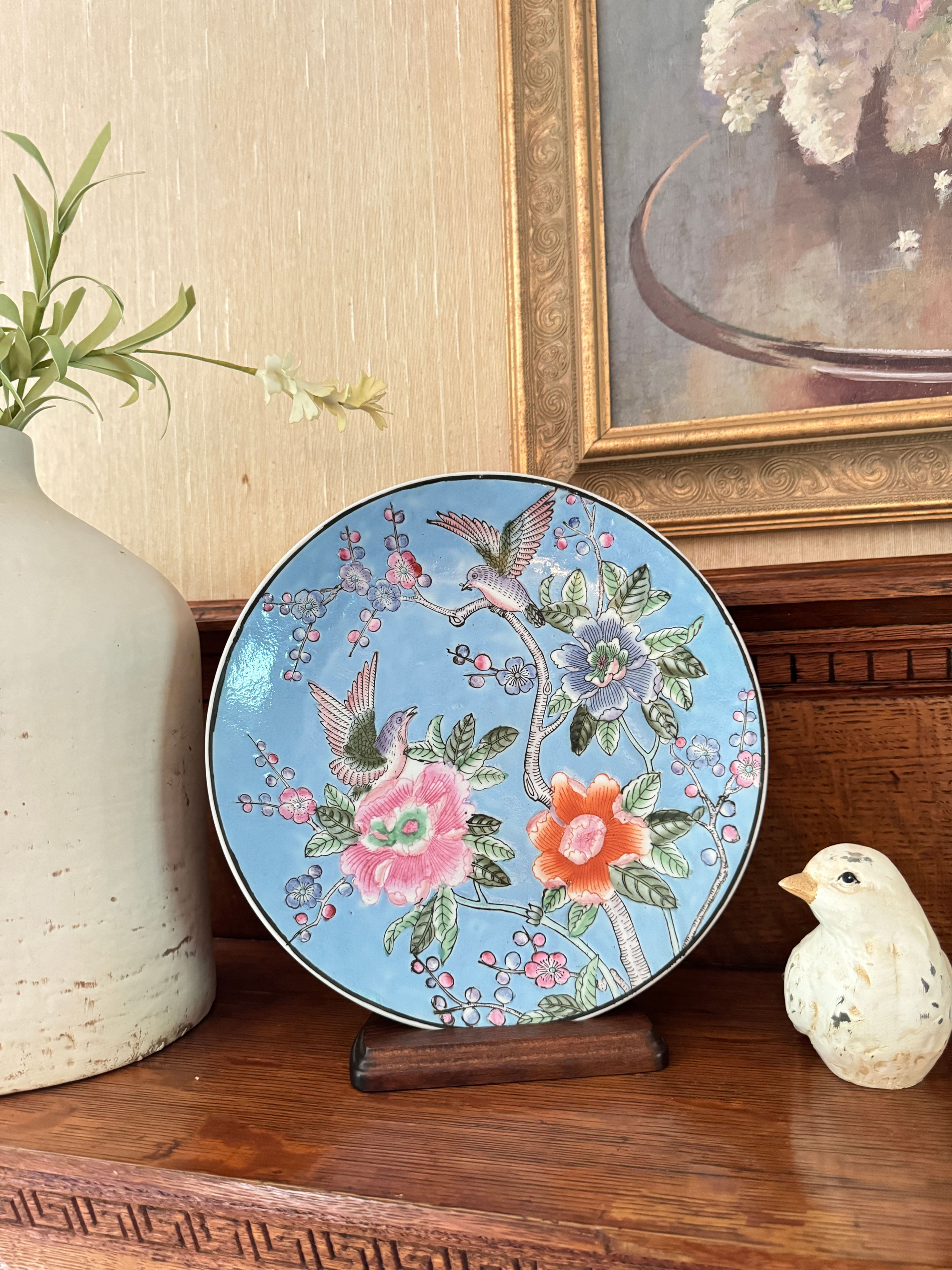 Vintage Blue and Pink Floral Birds Andrea by Sedak Famille Rose Medallion Plate