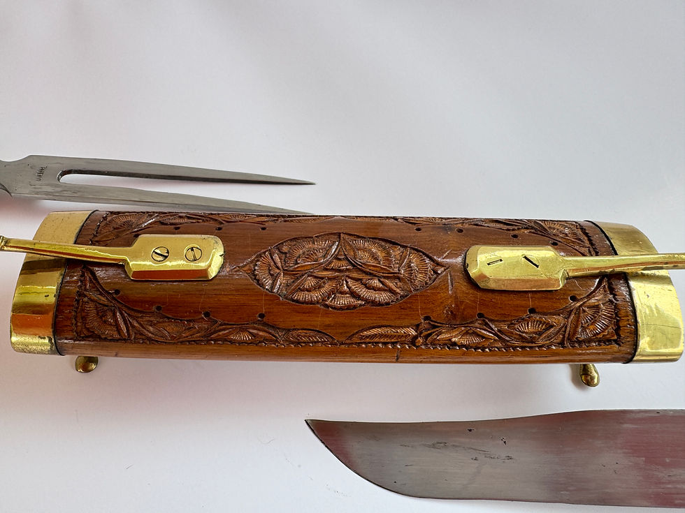 Thumbnail: Vintage Indian Carving set in Footed Ornate Handcarved Walnut and Brass Sheath