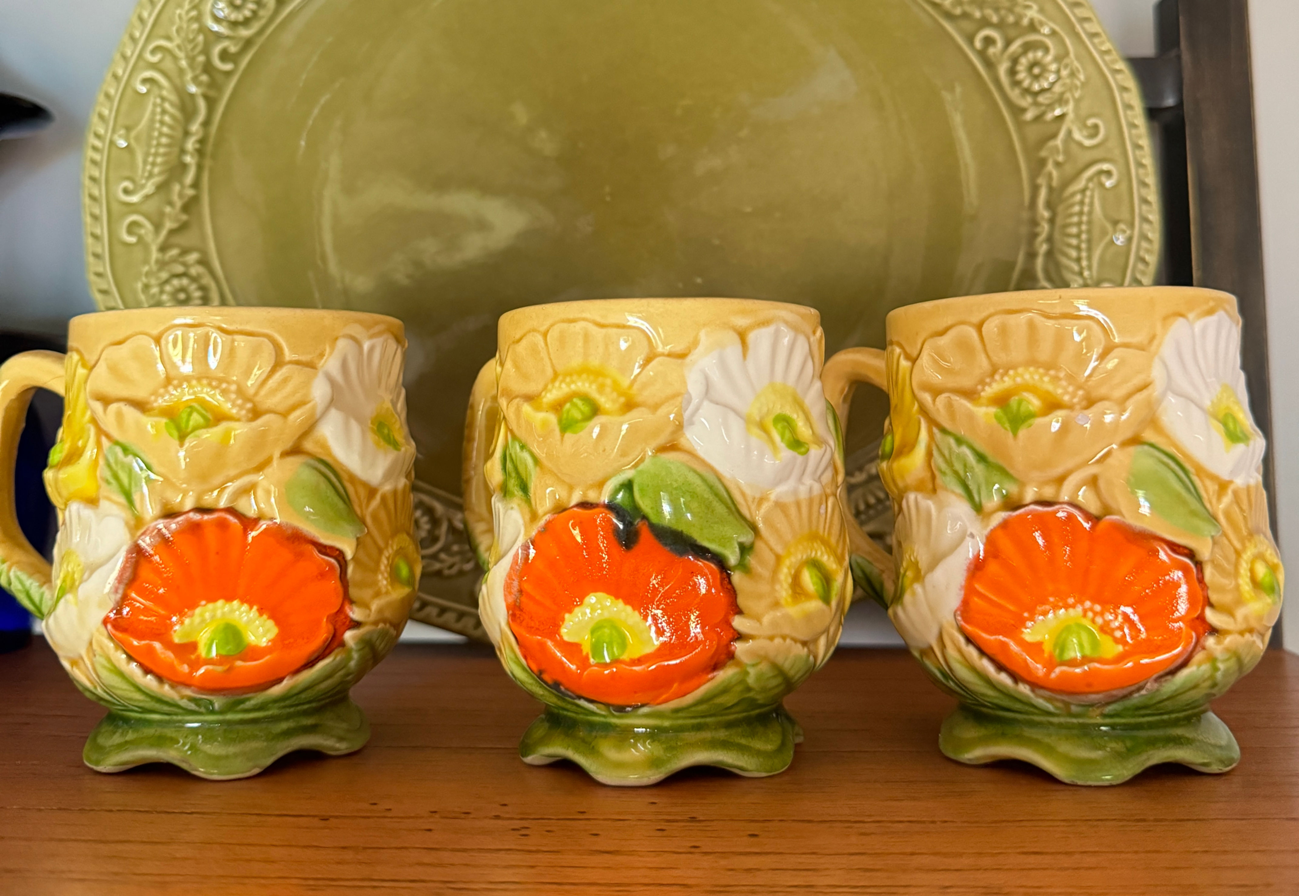 Three Retro Orange Yellow Green Poppy Mug Made in Japan