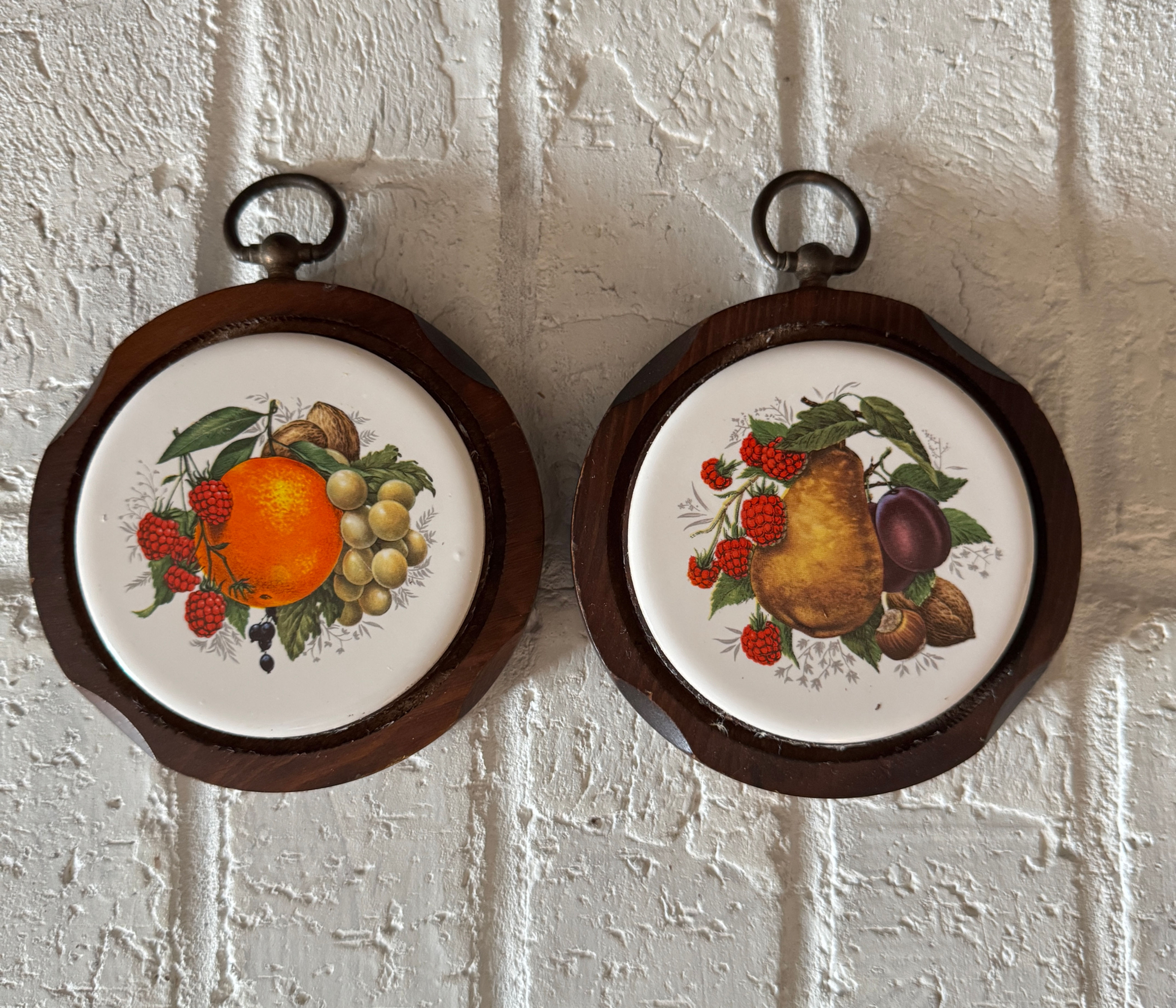 Pair of Round Ceramic and Wood Wall Plaques Fruit Trivets