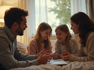 Eye-level view of a family discussing emotions together