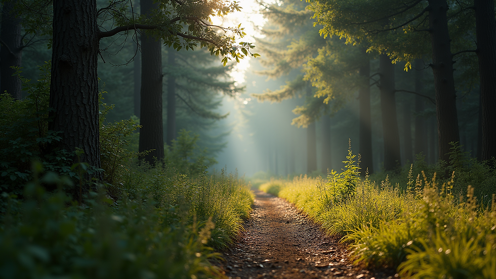 Eye-level view of a tranquil forest path