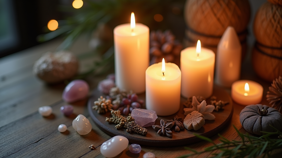 High angle view of lit candles surrounded by herbs and crystals