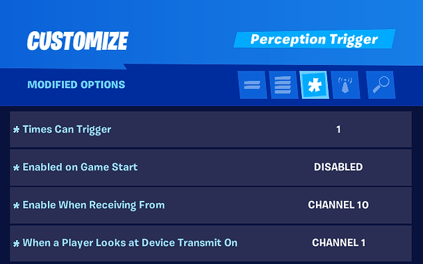 Image of the Perception Trigger 7 menu of modified options as seen in the game