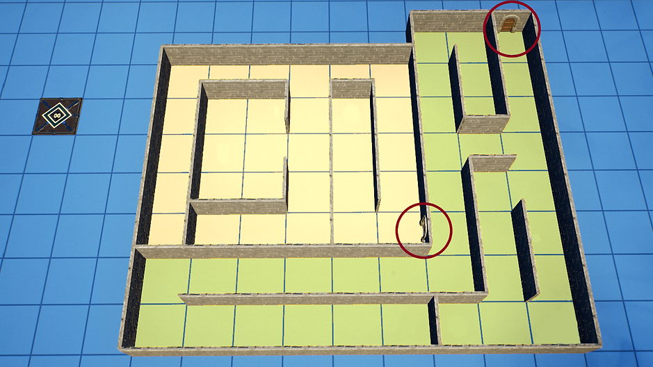 Exit doors are placed in section 1 of the maze, which is shown in yellow, and section 2, which is shown in green.