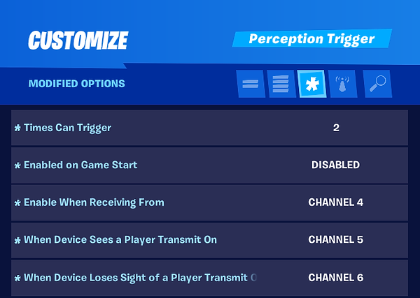Image of the Perception Trigger 4 menu of modified options as seen in the game