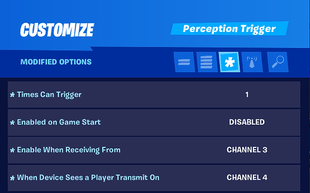 Image of the Perception Trigger 3 menu of modified options as seen in the game