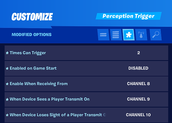 Image of the Perception Trigger 6 menu of modified options as seen in the game