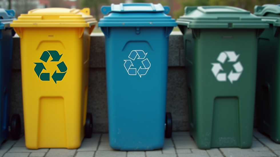 Close-up view of labeled waste bins for recycling and trash