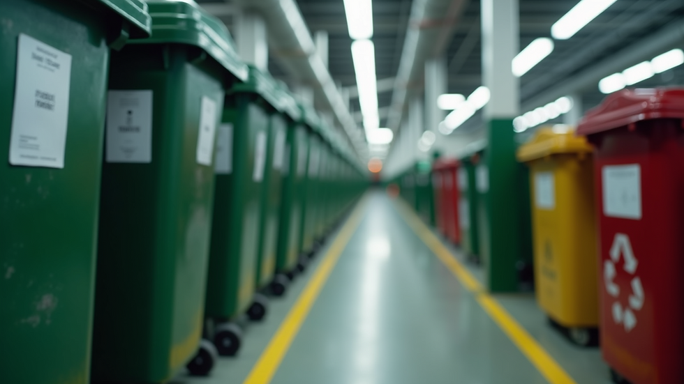 Eye-level view of a waste disposal facility with sorting bins