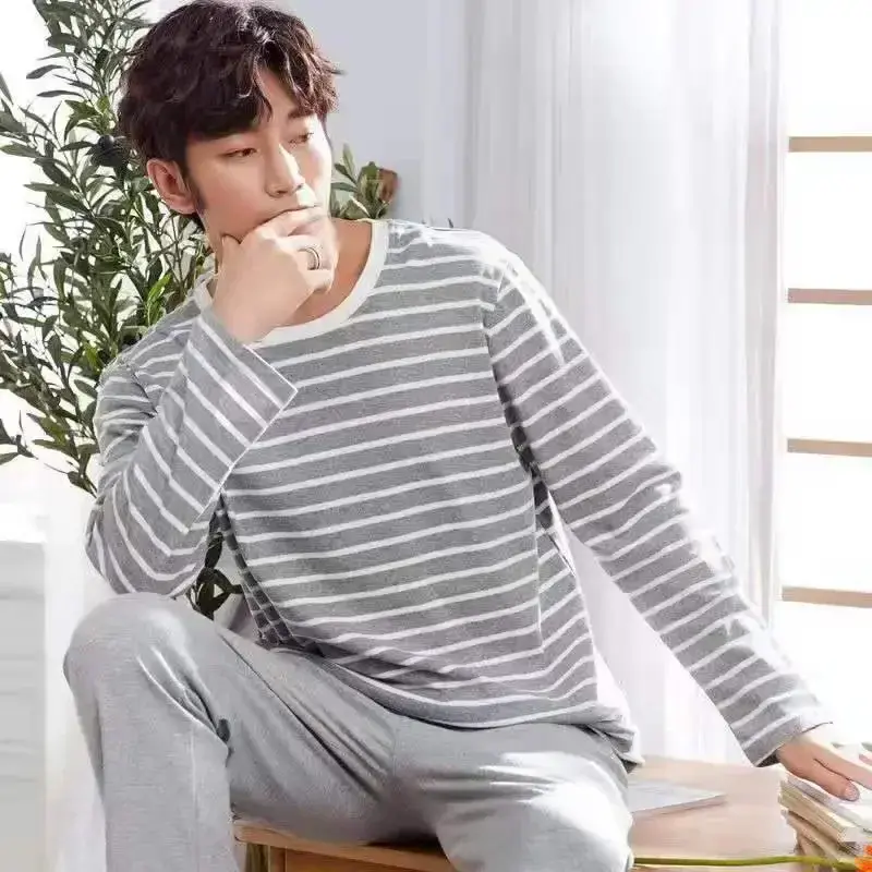 الصورة المصغرة: Autumn New Long Sleeve Pijama Stripe Pajamas Casual Men Pyjamas Suit